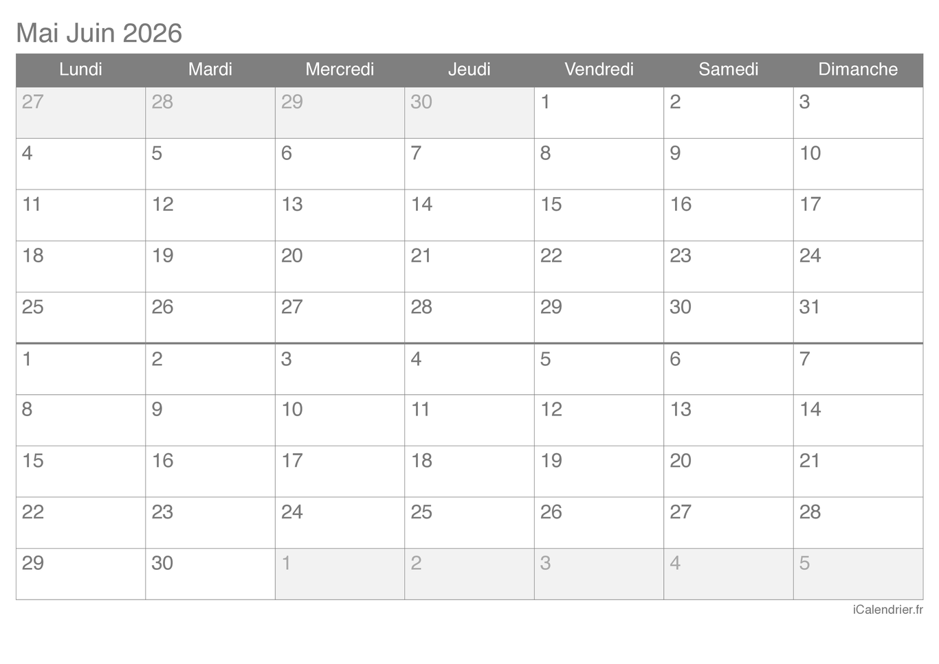 Calendrier de mai juin 2026