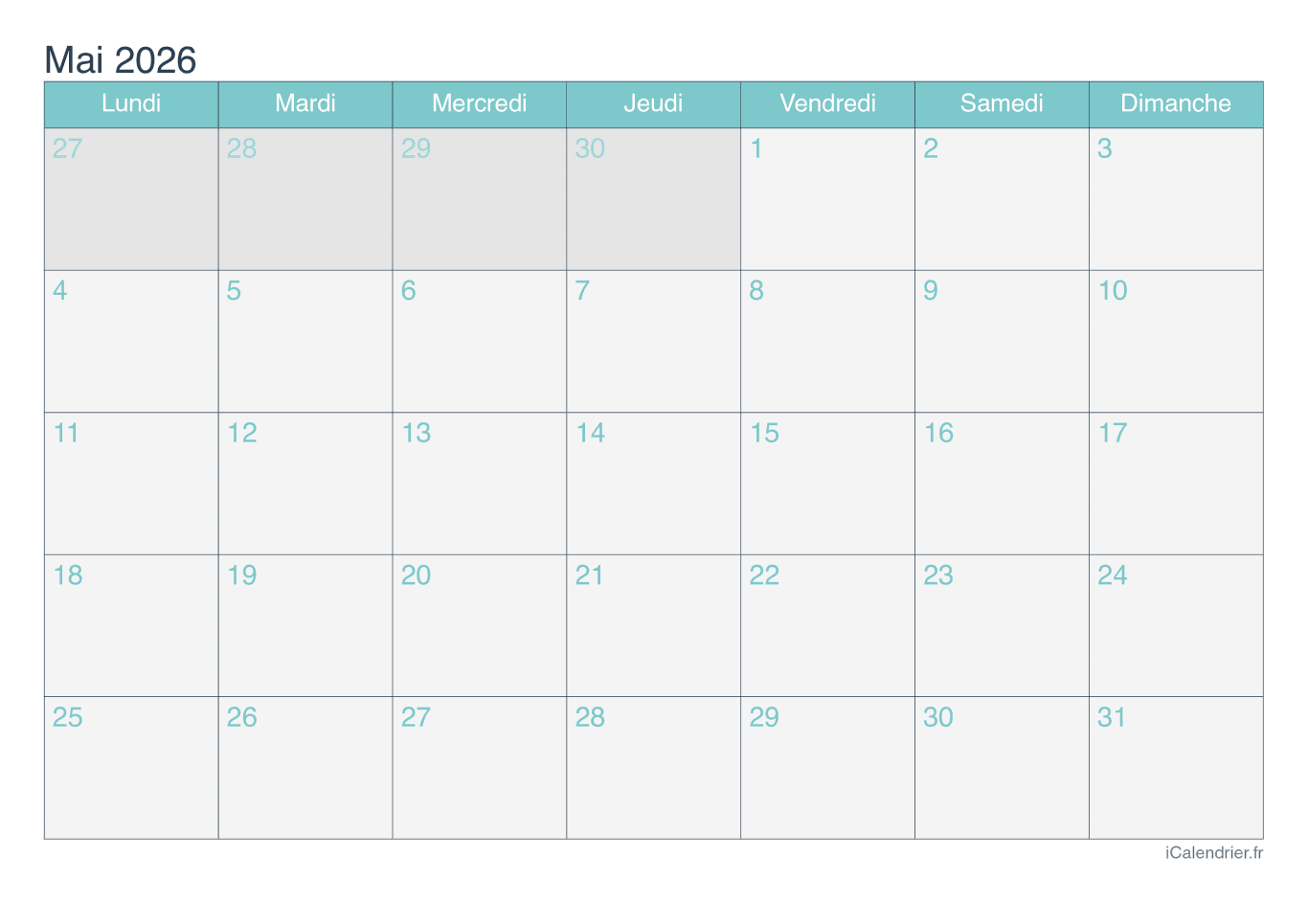 Calendrier de mai 2026 - Turquoise