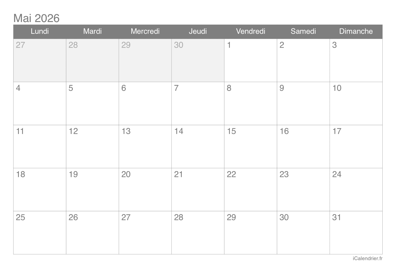 Calendrier de mai 2026