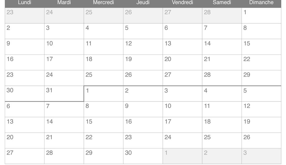 Calendrier de mars avril 2026