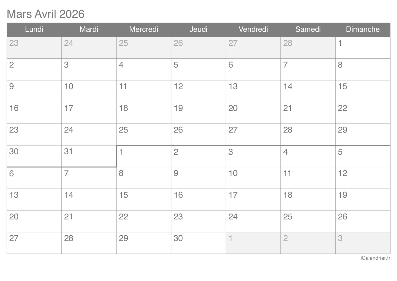 Calendrier de mars avril 2026