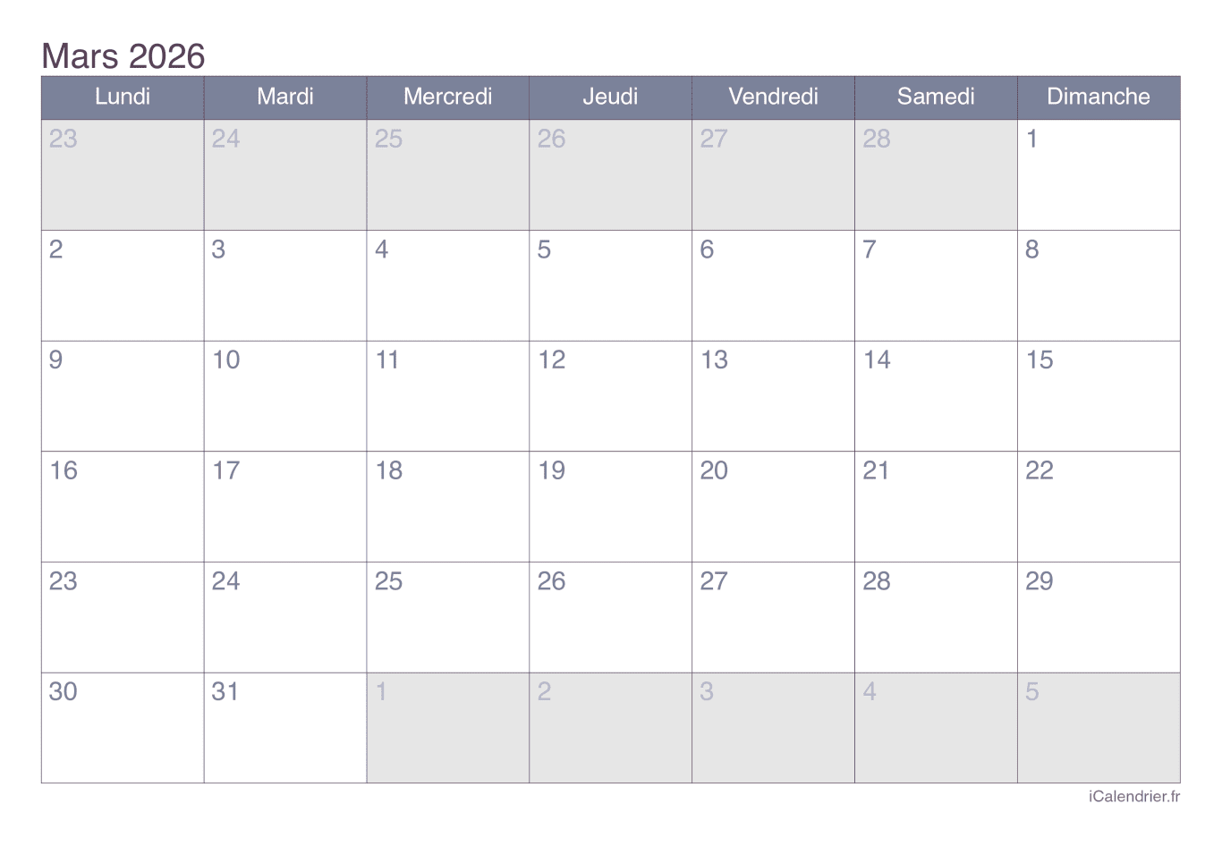 Calendrier de mars 2026 - Office