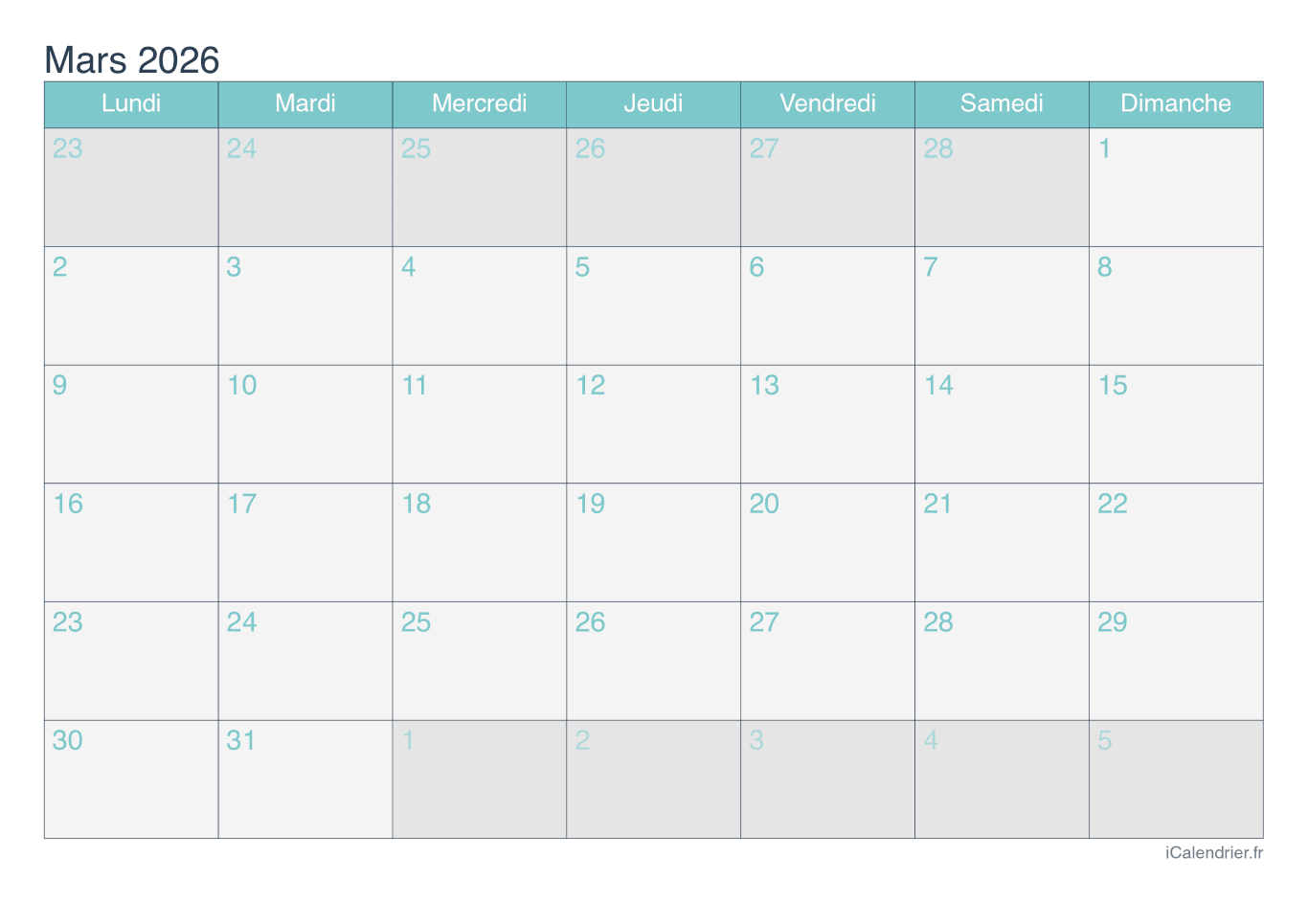 Calendrier de mars 2026 - Turquoise