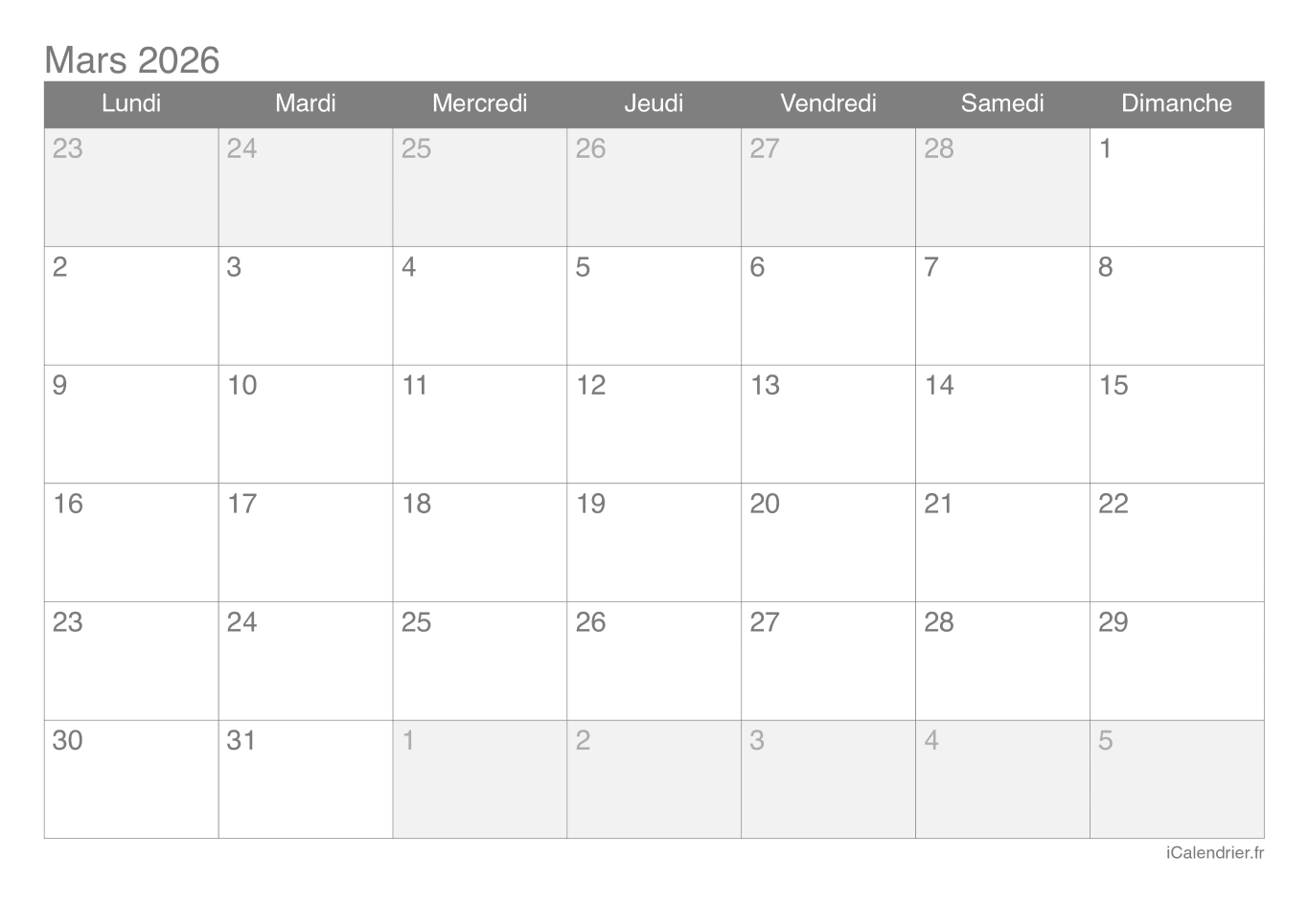 Calendrier de mars 2026