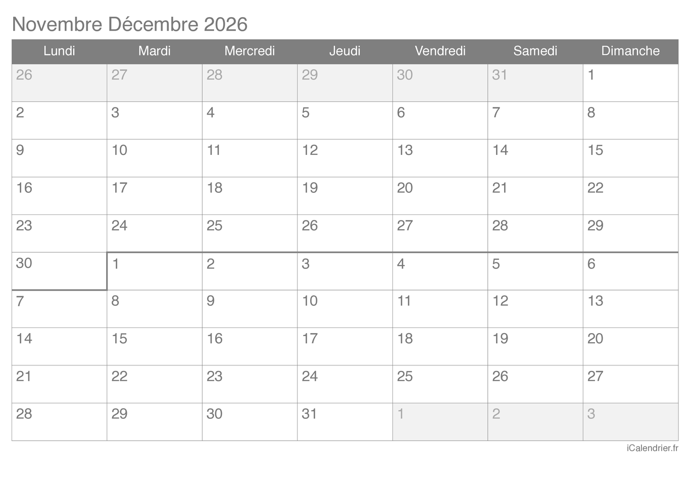 Calendrier de novembre décembre 2026