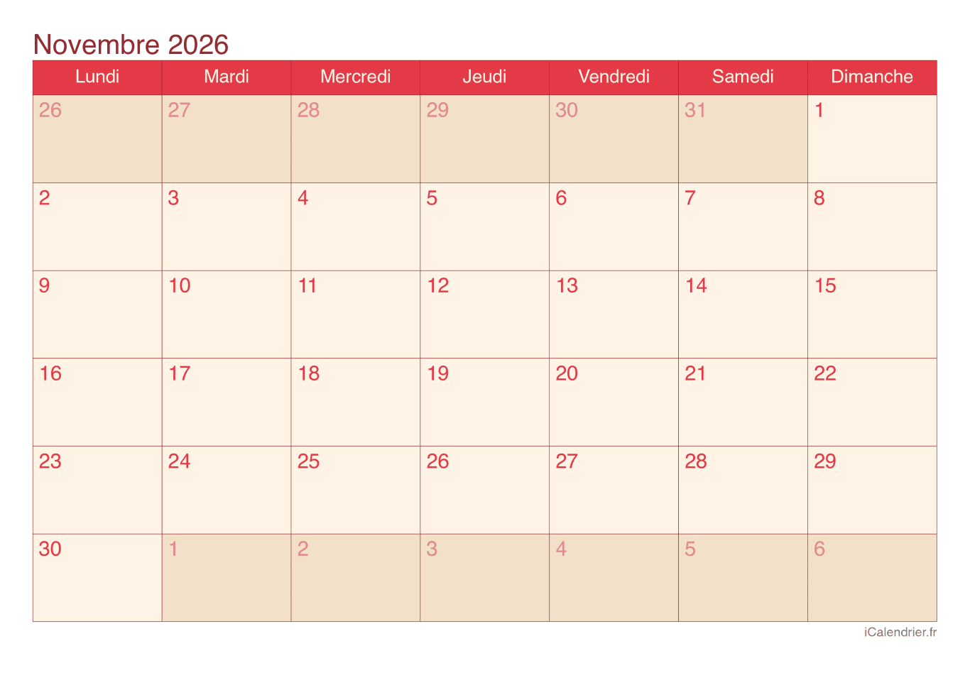 Calendrier de novembre 2026 - Cherry