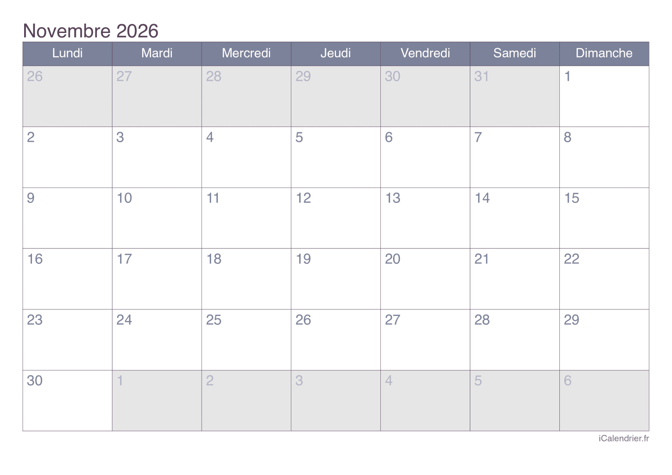 Calendrier de novembre 2026 - Office