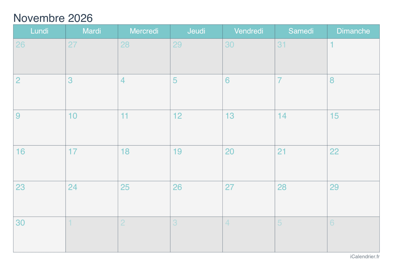 Calendrier de novembre 2026 - Turquoise