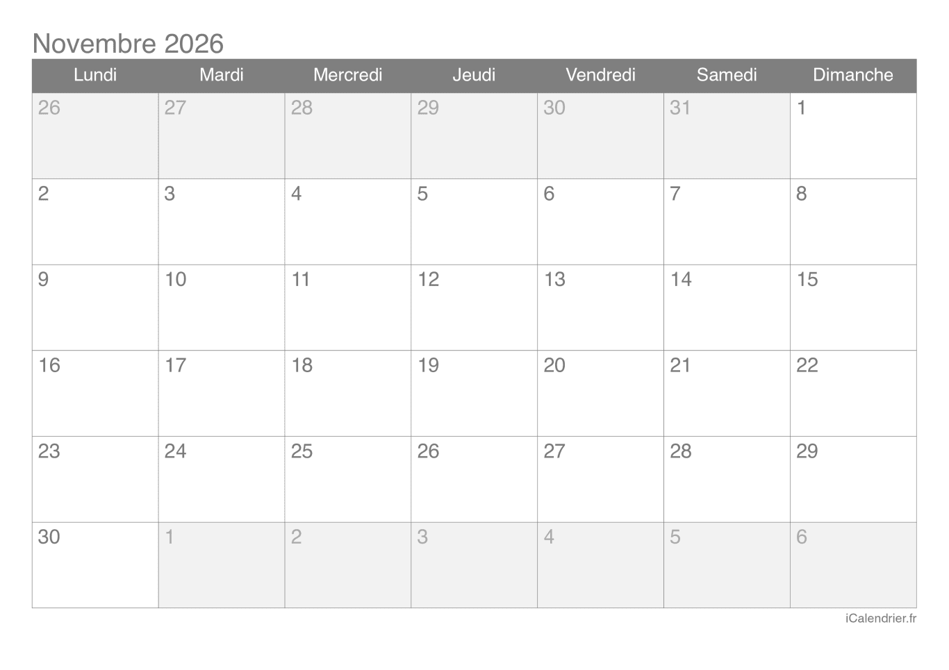 Calendrier de novembre 2026