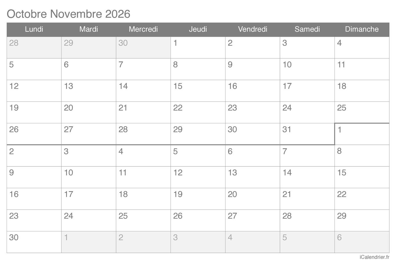 Calendrier d'octobre novembre 2026