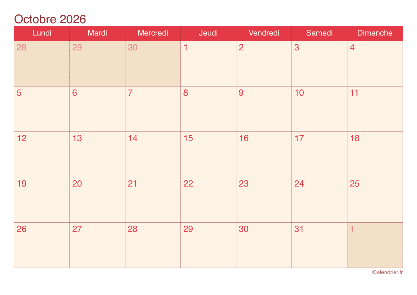 Calendrier d'octobre 2026 - Cherry