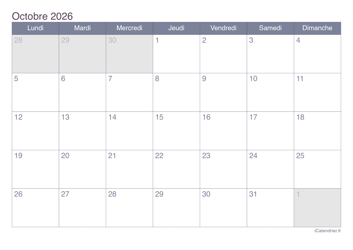 Calendrier d'octobre 2026 - Office