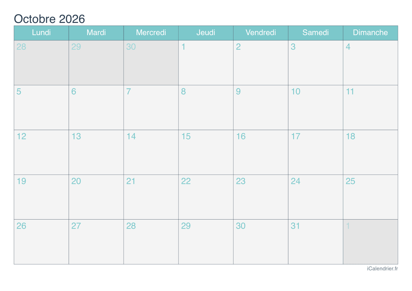 Calendrier d'octobre 2026 - Turquoise