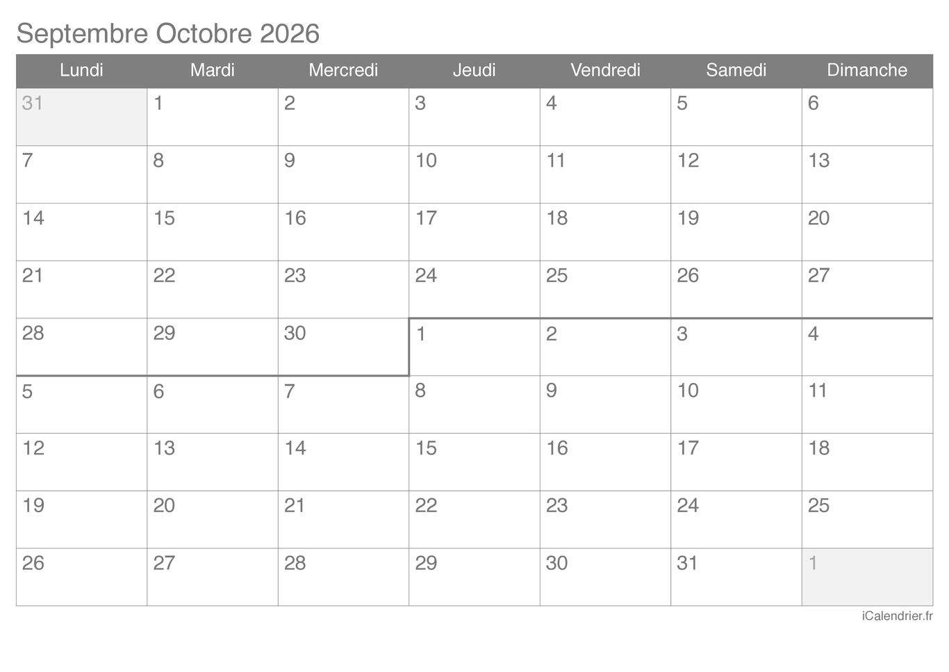 Calendrier de septembre octobre 2026