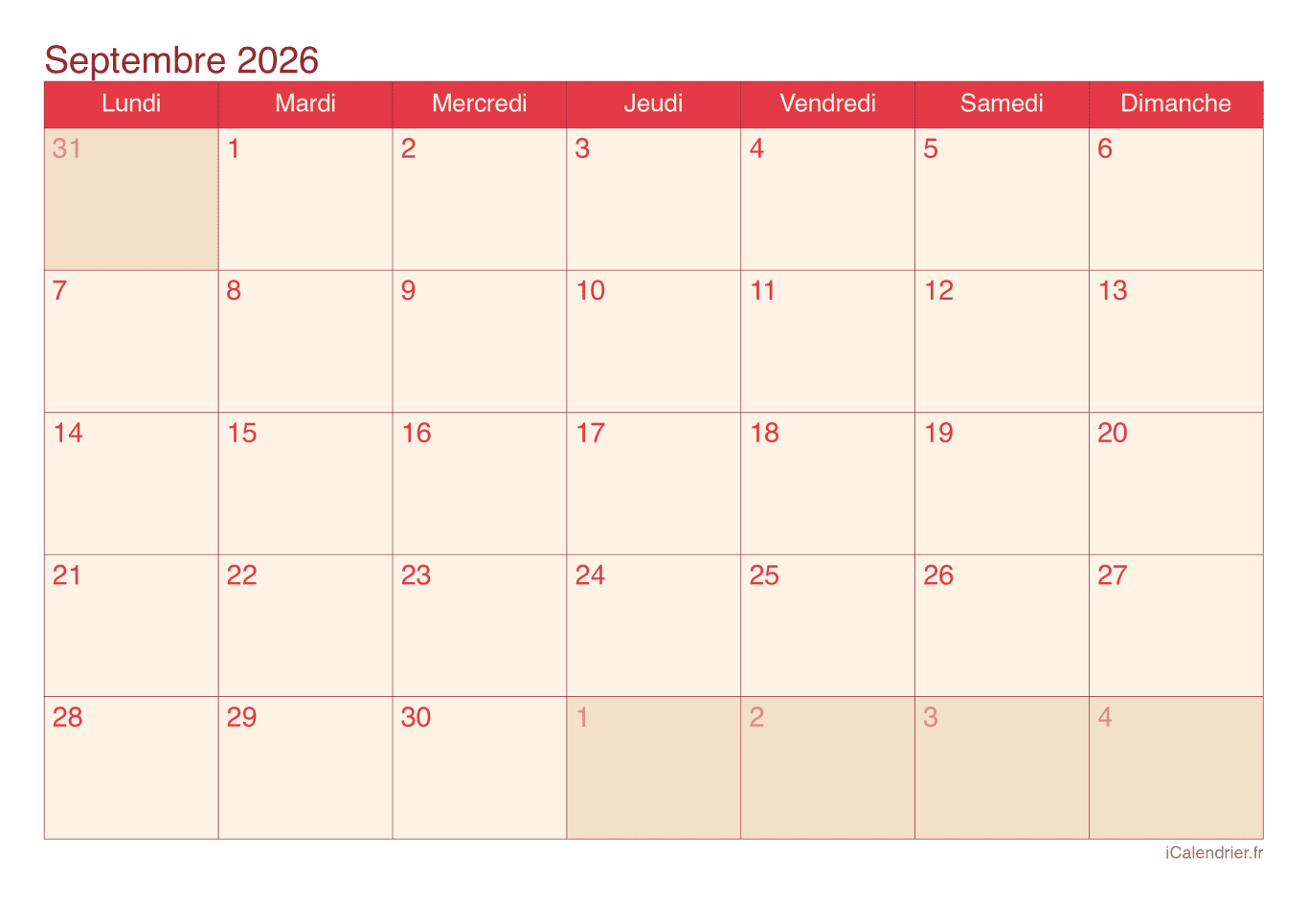 Calendrier de septembre 2026 - Cherry