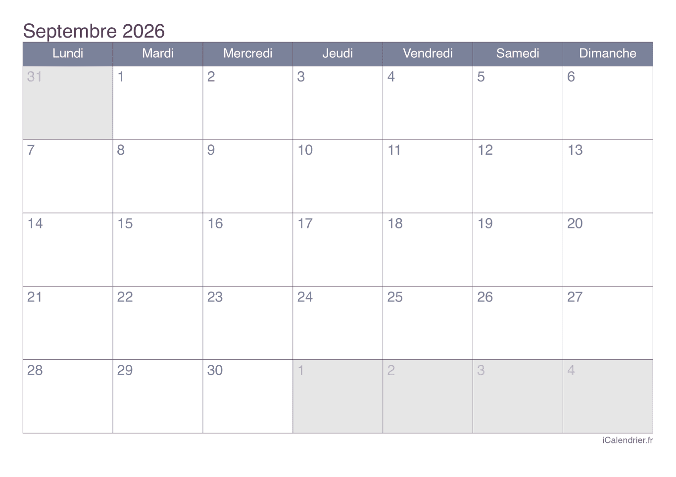 Calendrier de septembre 2026 - Office