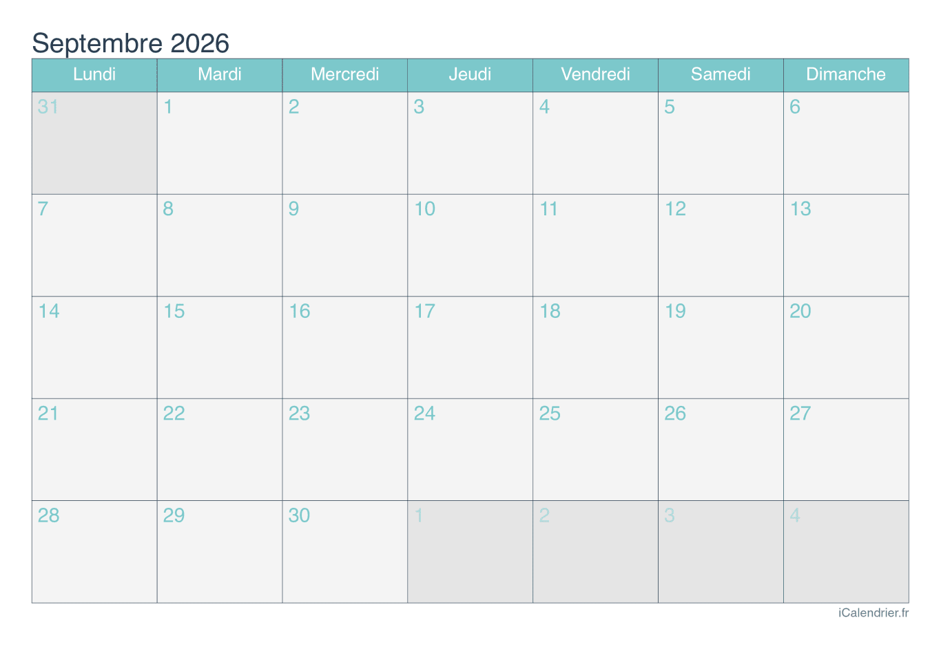 Calendrier de septembre 2026 - Turquoise