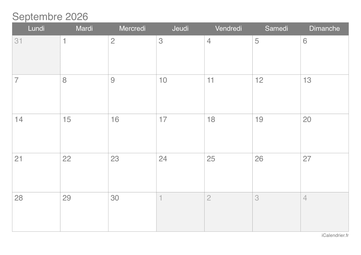 Calendrier de septembre 2026