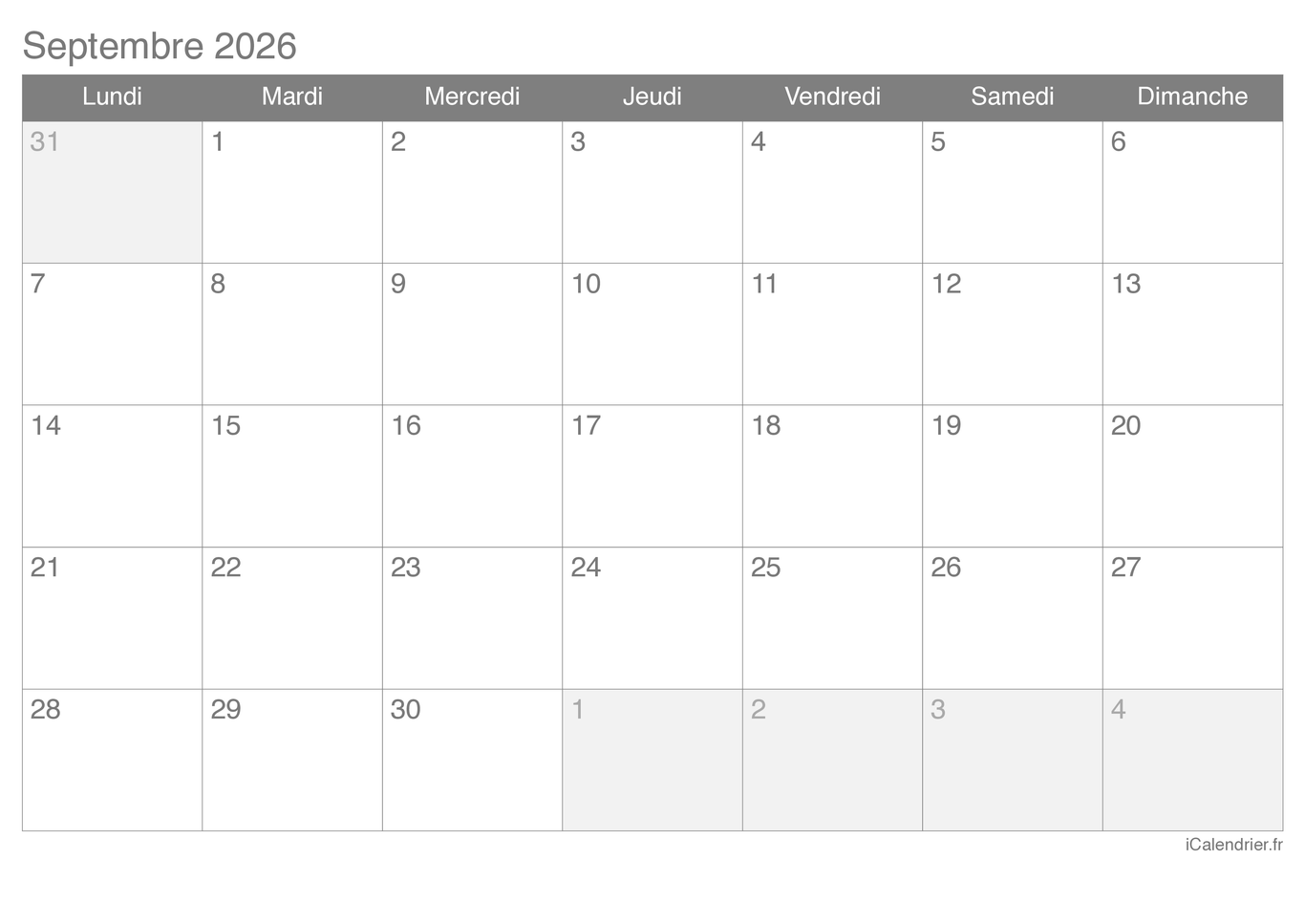 Calendrier Septembre 2026 Imprimer