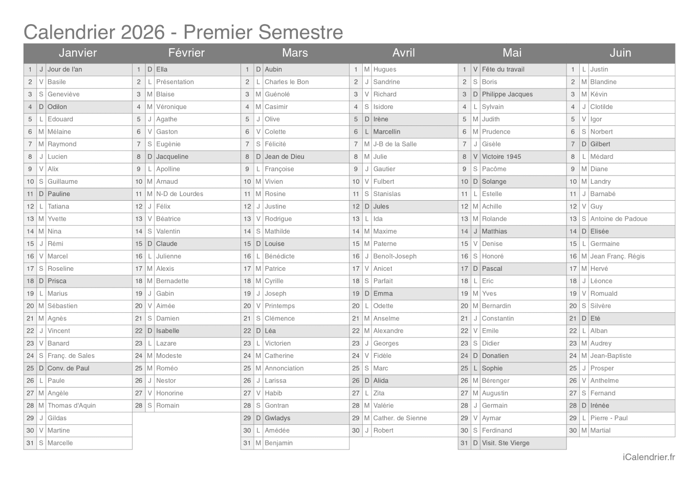 Calendrier par semestre 2026 avec fête du jour