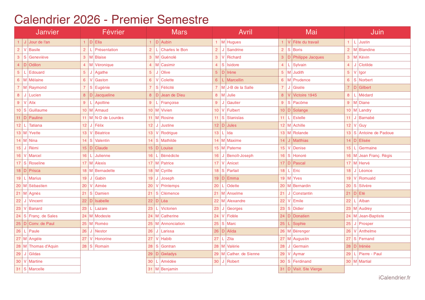 Calendrier par semestre 2026 avec fête du jour - Cherry