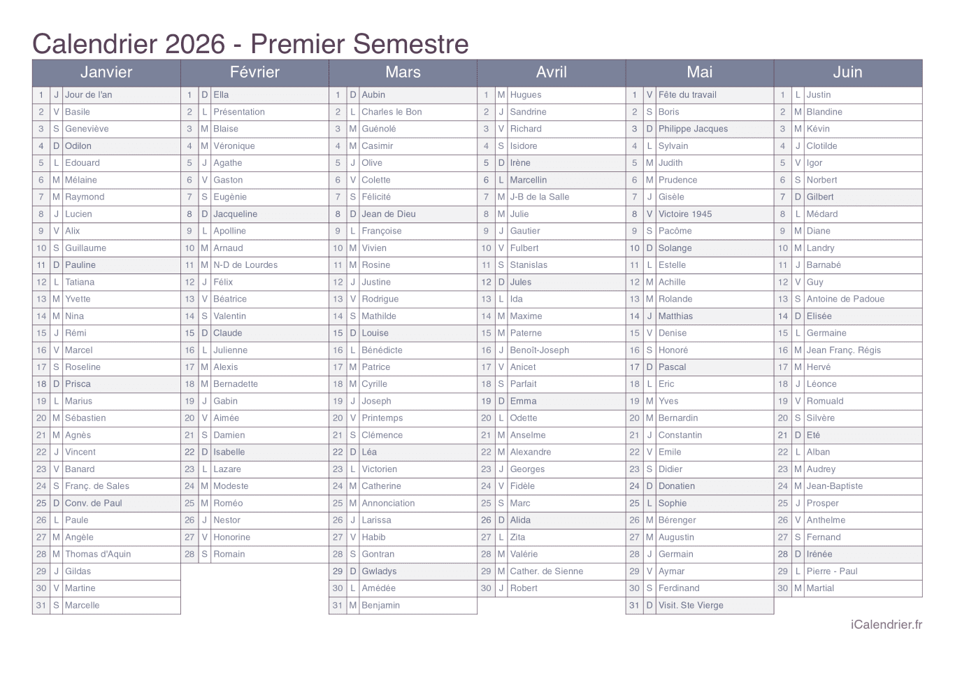 Calendrier par semestre 2026 avec fête du jour - Office