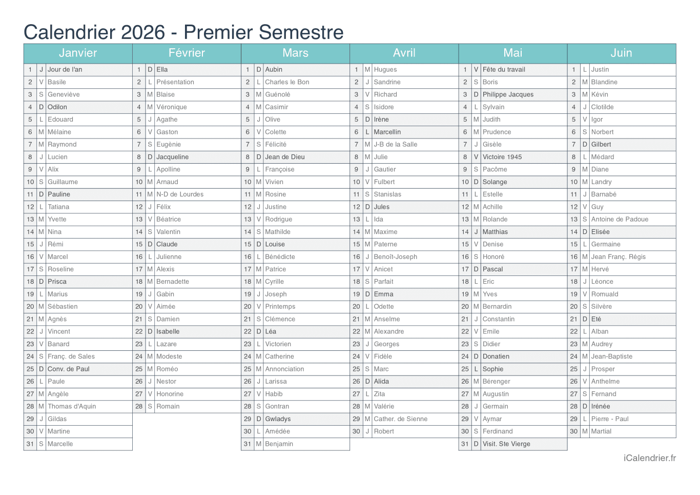 Calendrier par semestre 2026 avec fête du jour - Turquoise