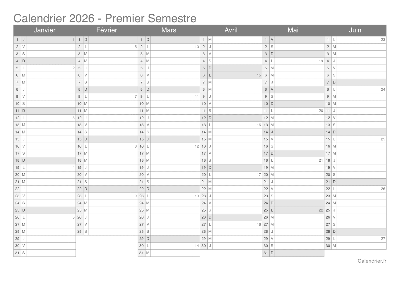 Calendrier par semestre avec numéros des semaines 2026