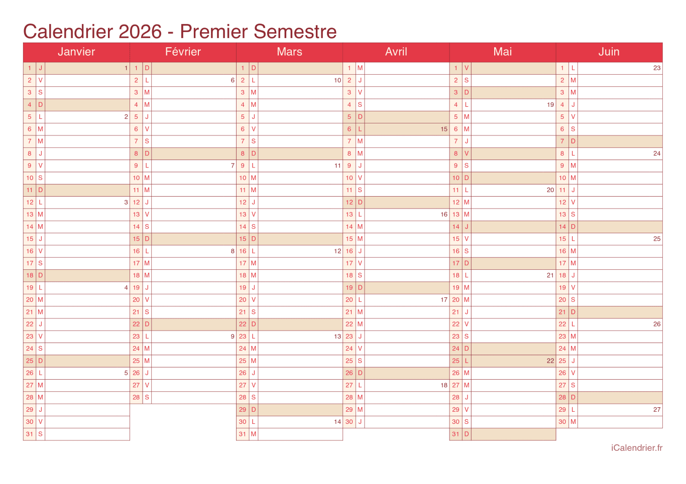 Calendrier par semestre avec numéros des semaines 2026 - Cherry