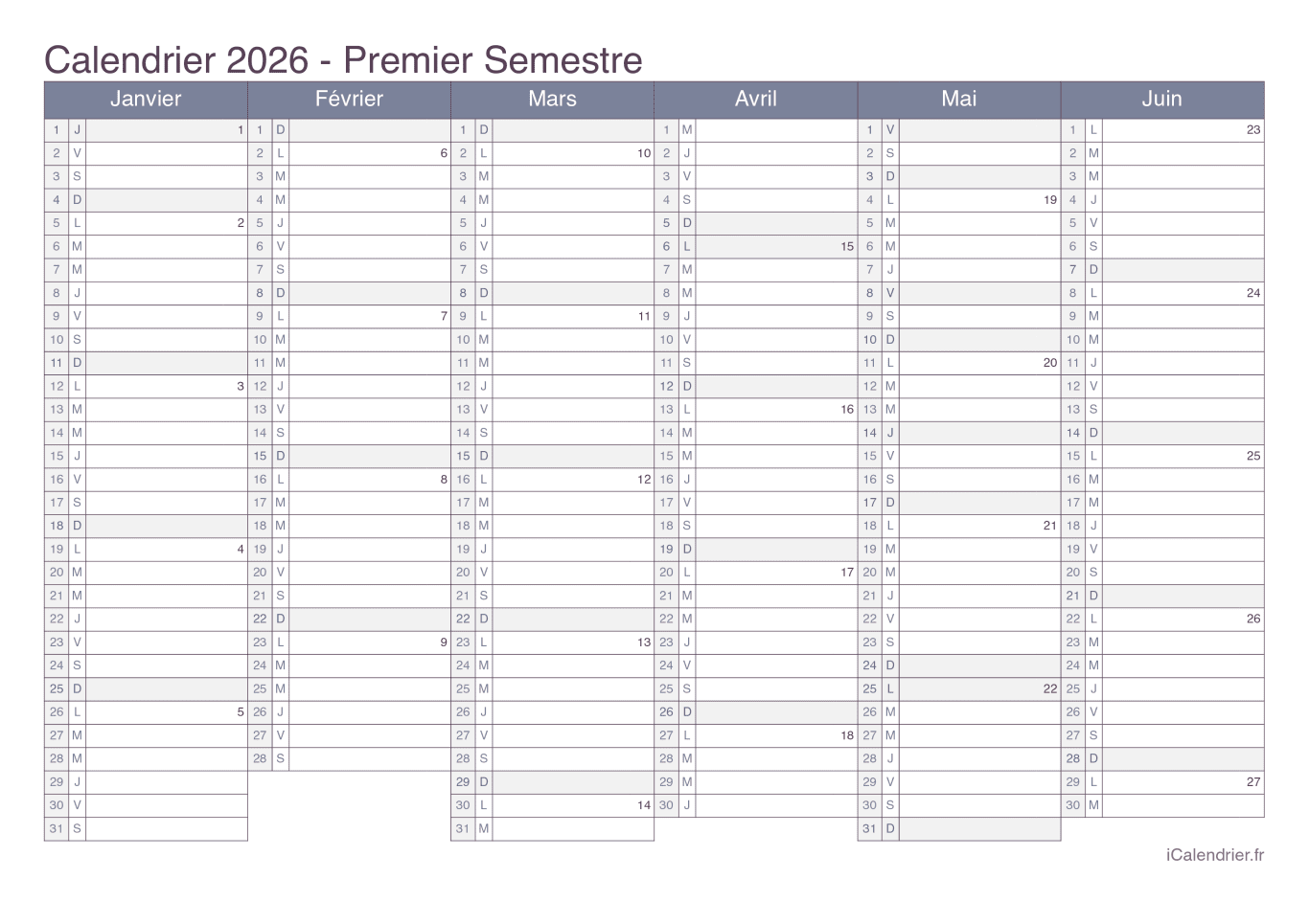 Calendrier par semestre avec numéros des semaines 2026 - Office