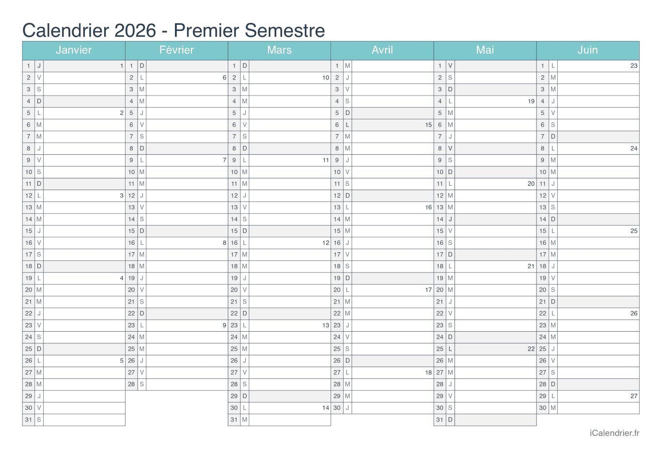 Calendrier par semestre avec numéros des semaines 2026 - Turquoise