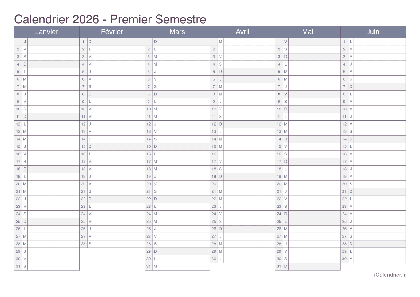 Calendrier par semestre 2026 - Office