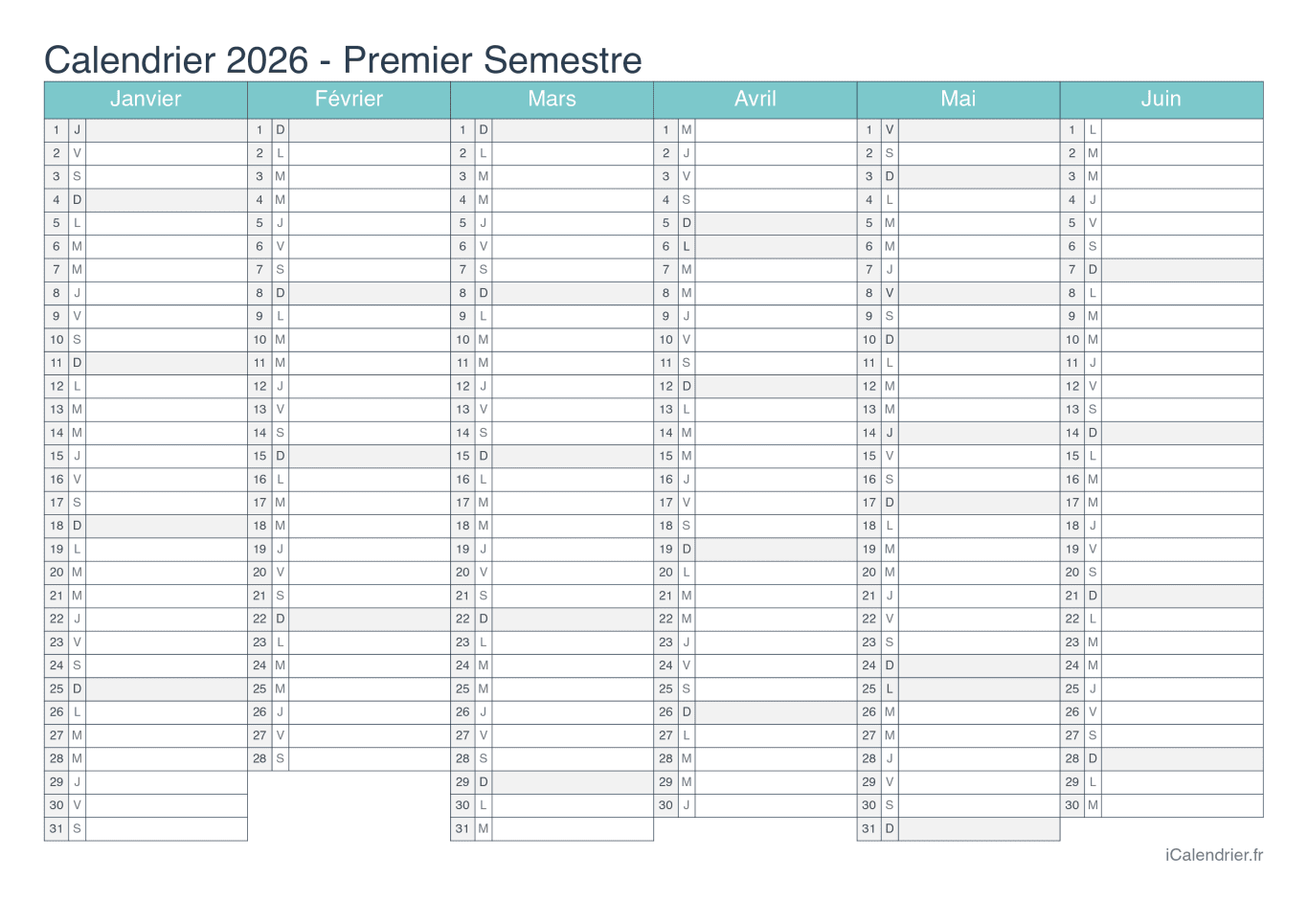 Calendrier par semestre 2026 - Turquoise