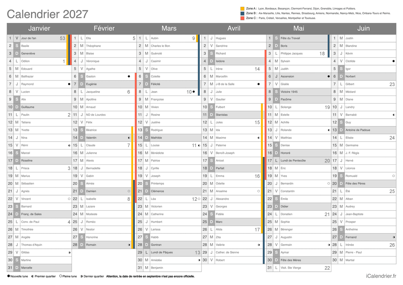 Calendrier complet 2027