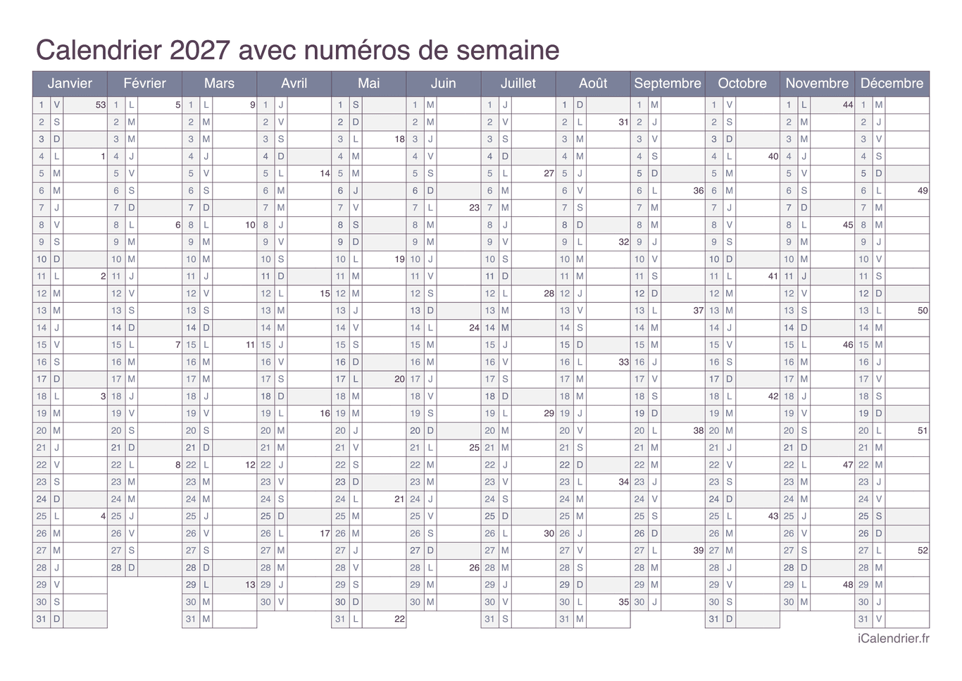 Calendrier 2027 avec numéros de semaine - Office