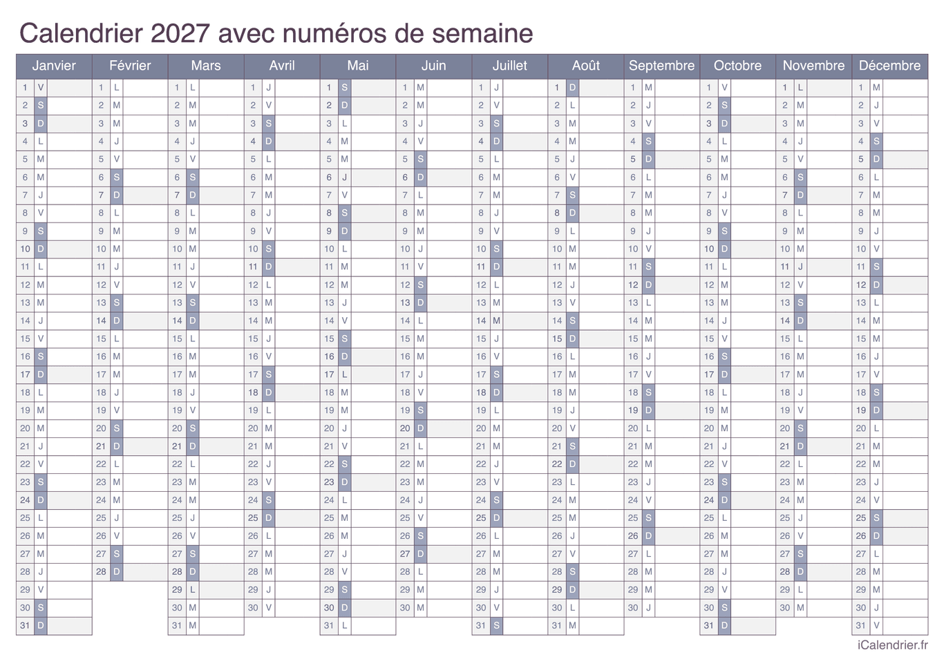 Calendrier 2027 avec numéros de semaine - Office
