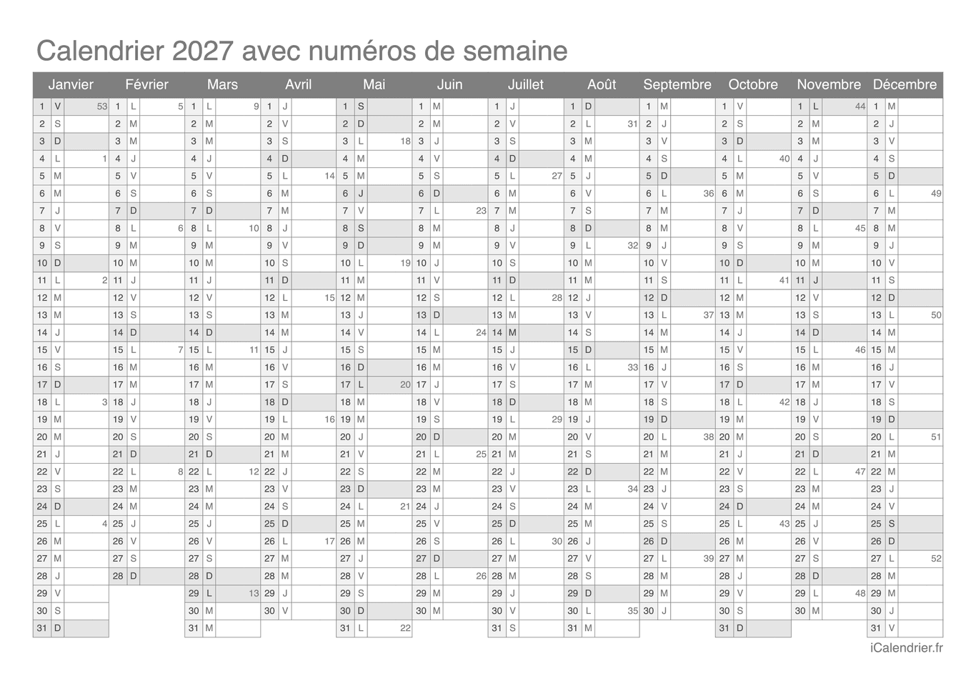 Calendrier 2027 avec numéros de semaine