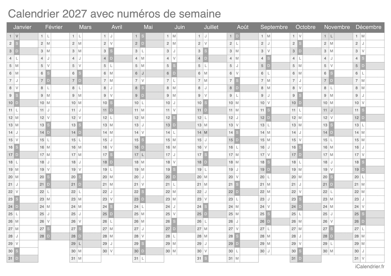 Calendrier 2027 avec numéros de semaine