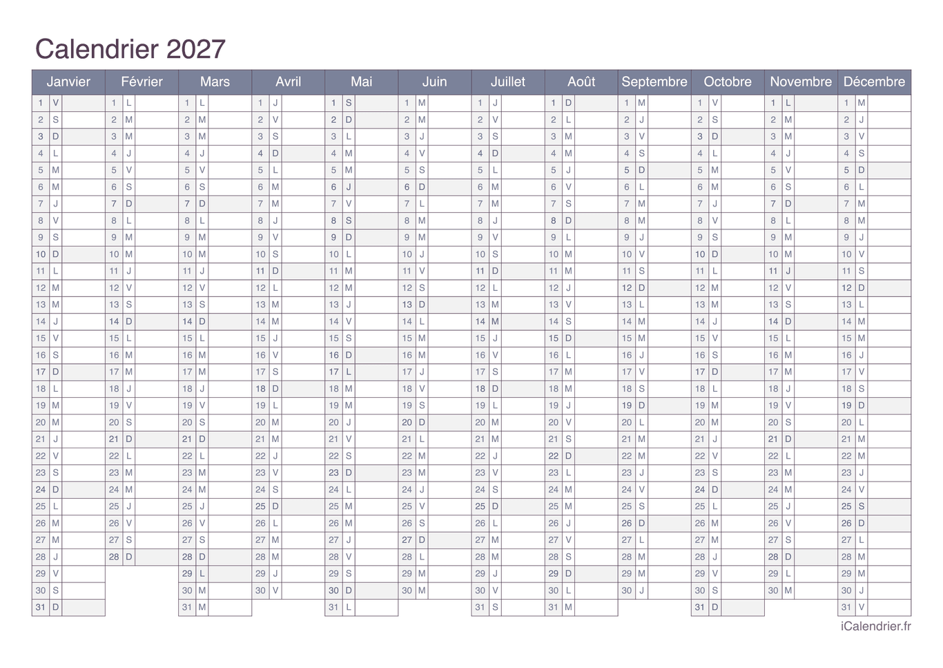 Calendrier 2027 - Office