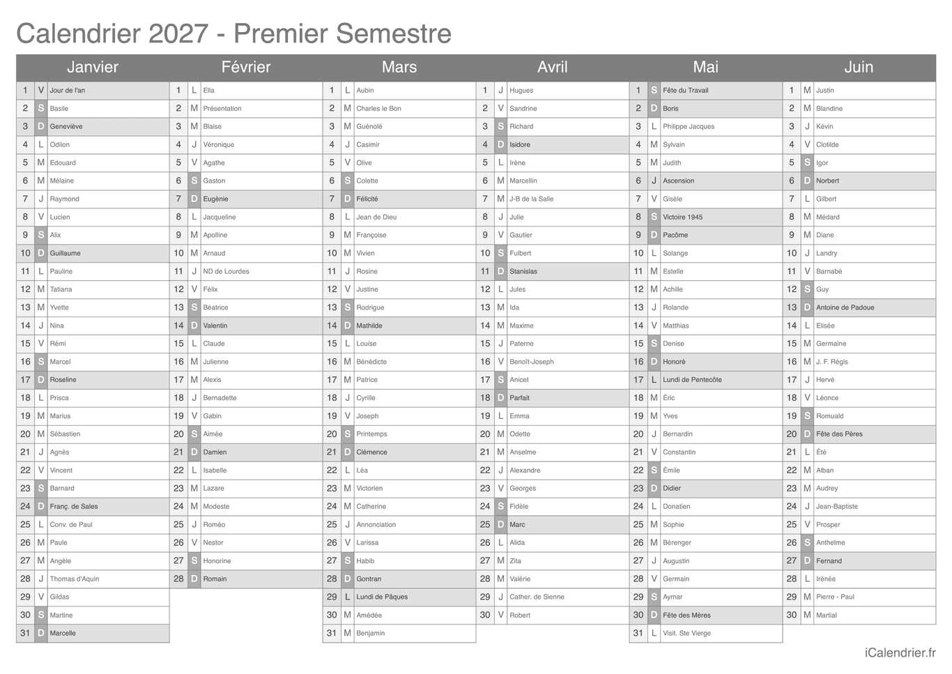 Calendrier par semestre 2027 avec fête du jour