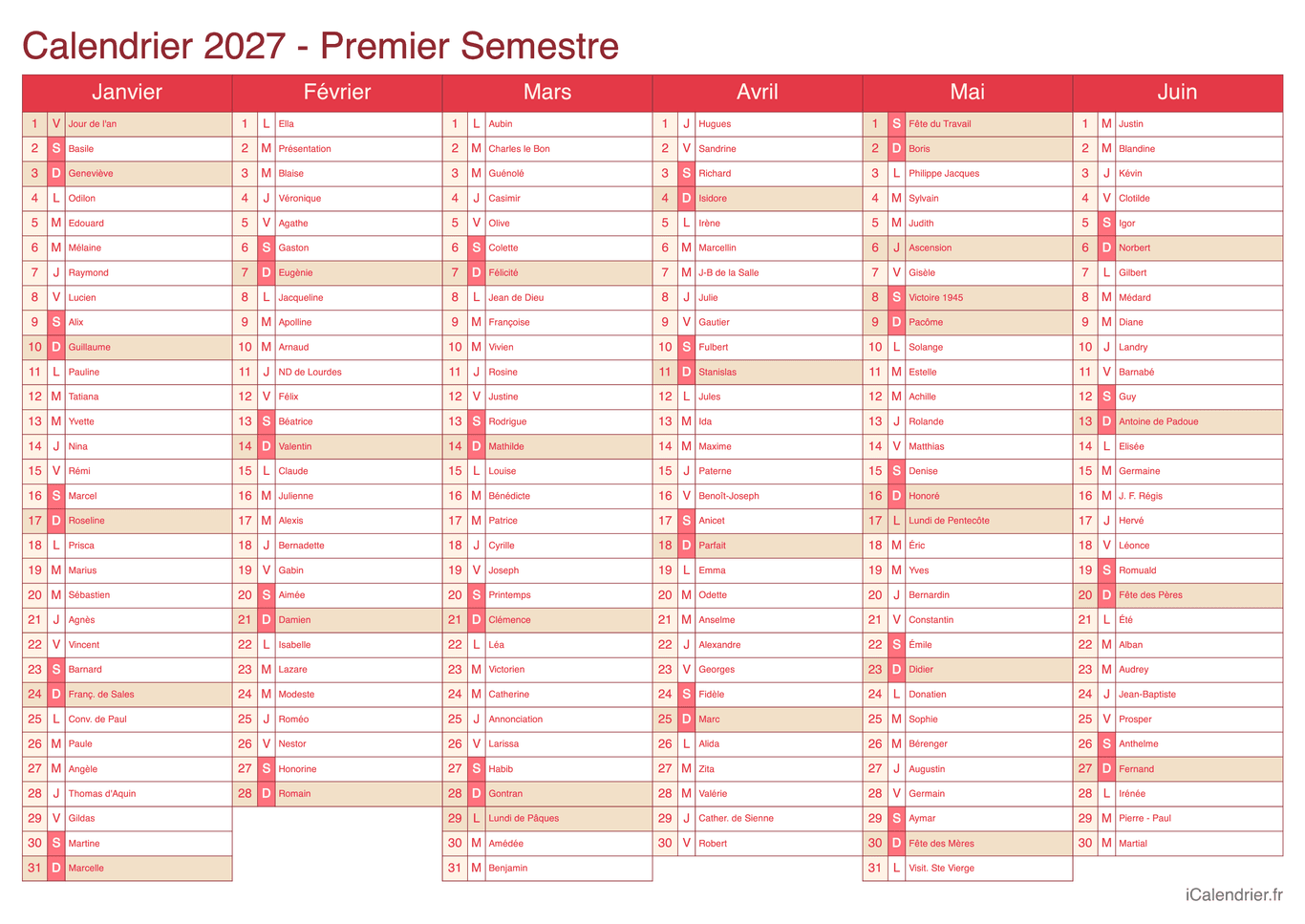 Calendrier par semestre 2027 avec fête du jour - Cherry