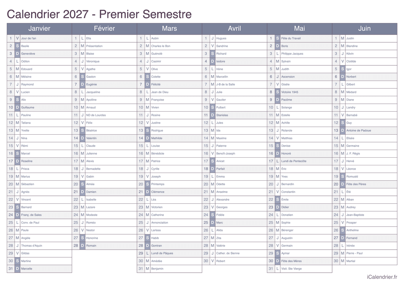 Calendrier par semestre 2027 avec fête du jour - Office