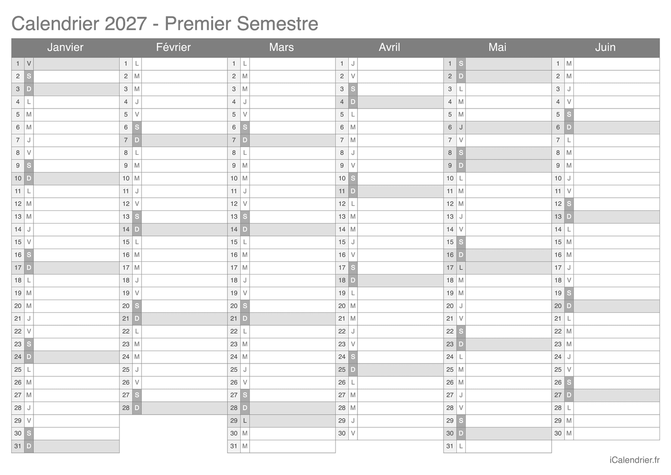 Calendrier par semestre 2027