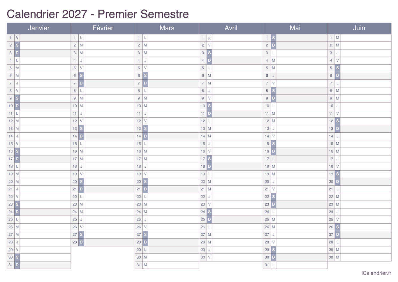 Calendrier par semestre 2027 - Office