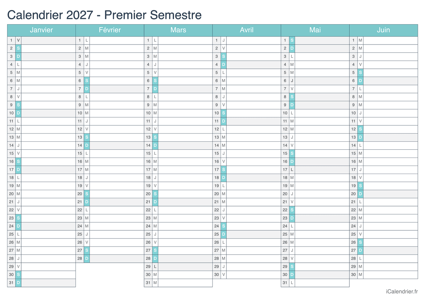 Calendrier par semestre 2027 - Turquoise