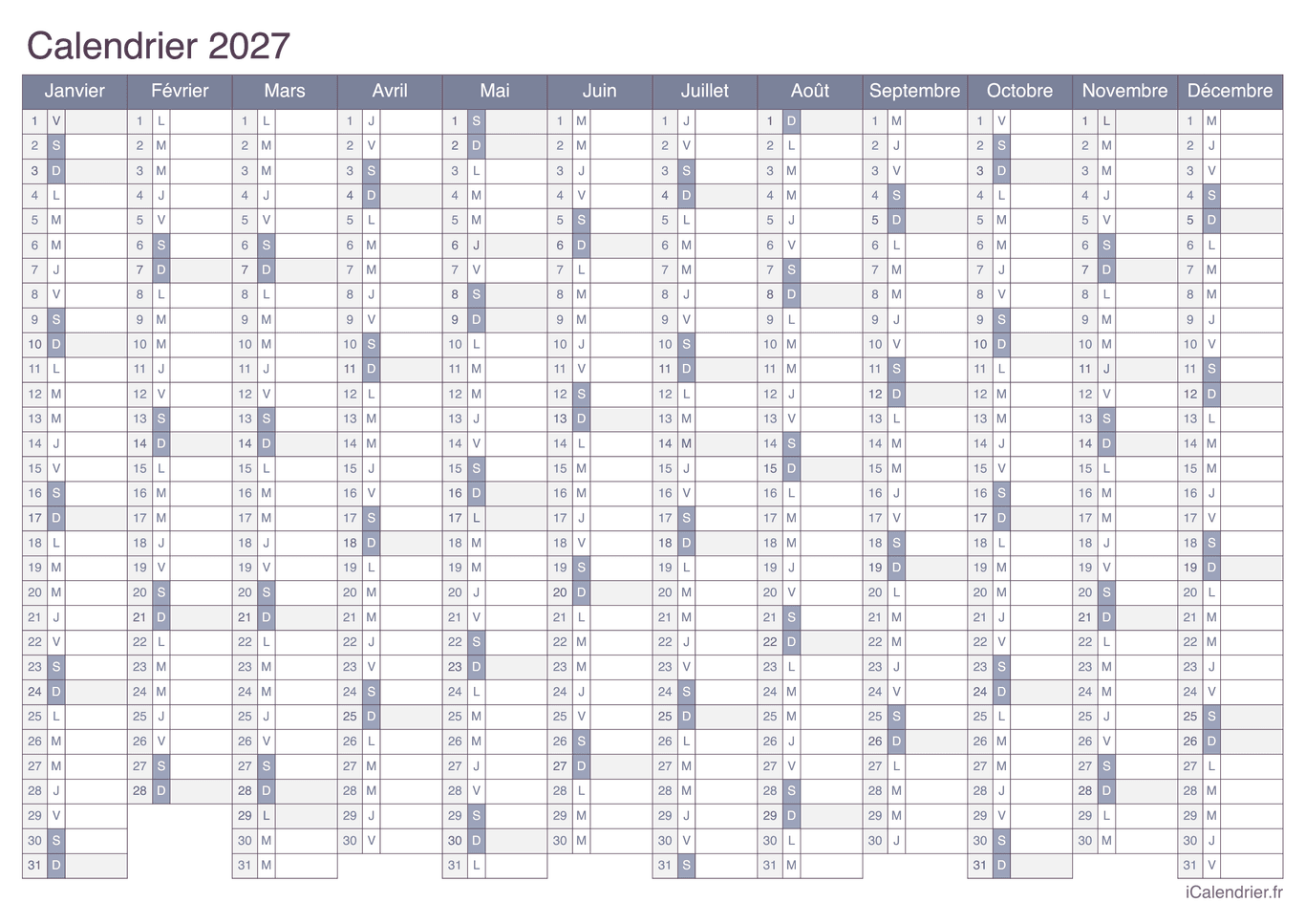 Calendrier 2027 - Office