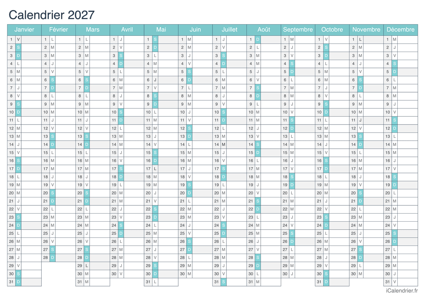 Calendrier 2027 - Turquoise