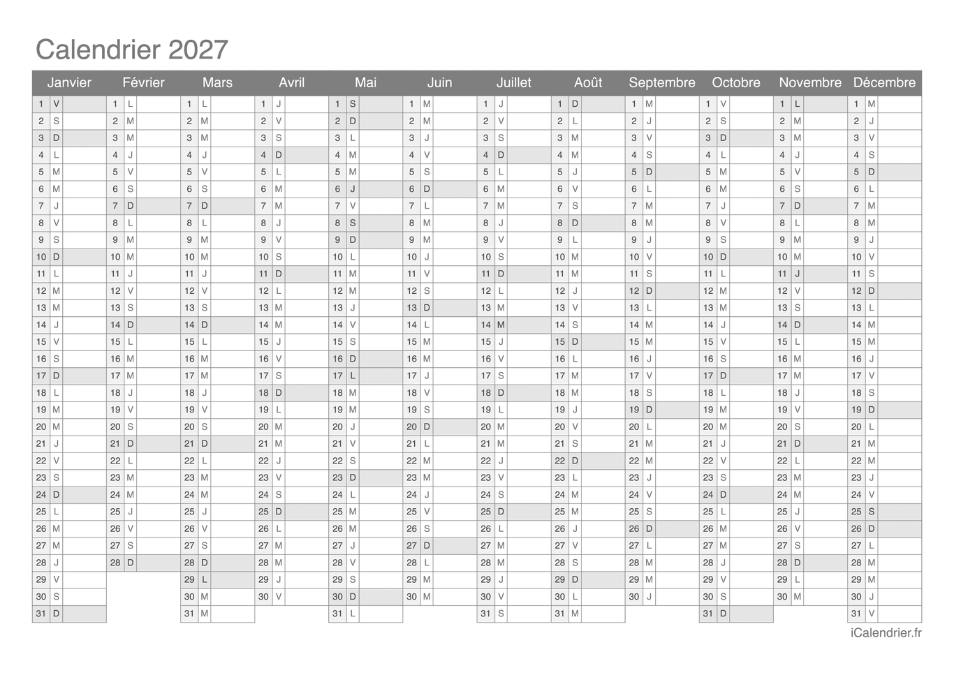 Calendrier 2027