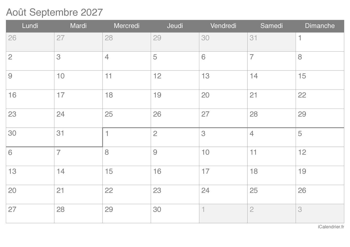 Calendrier d'août septembre 2027