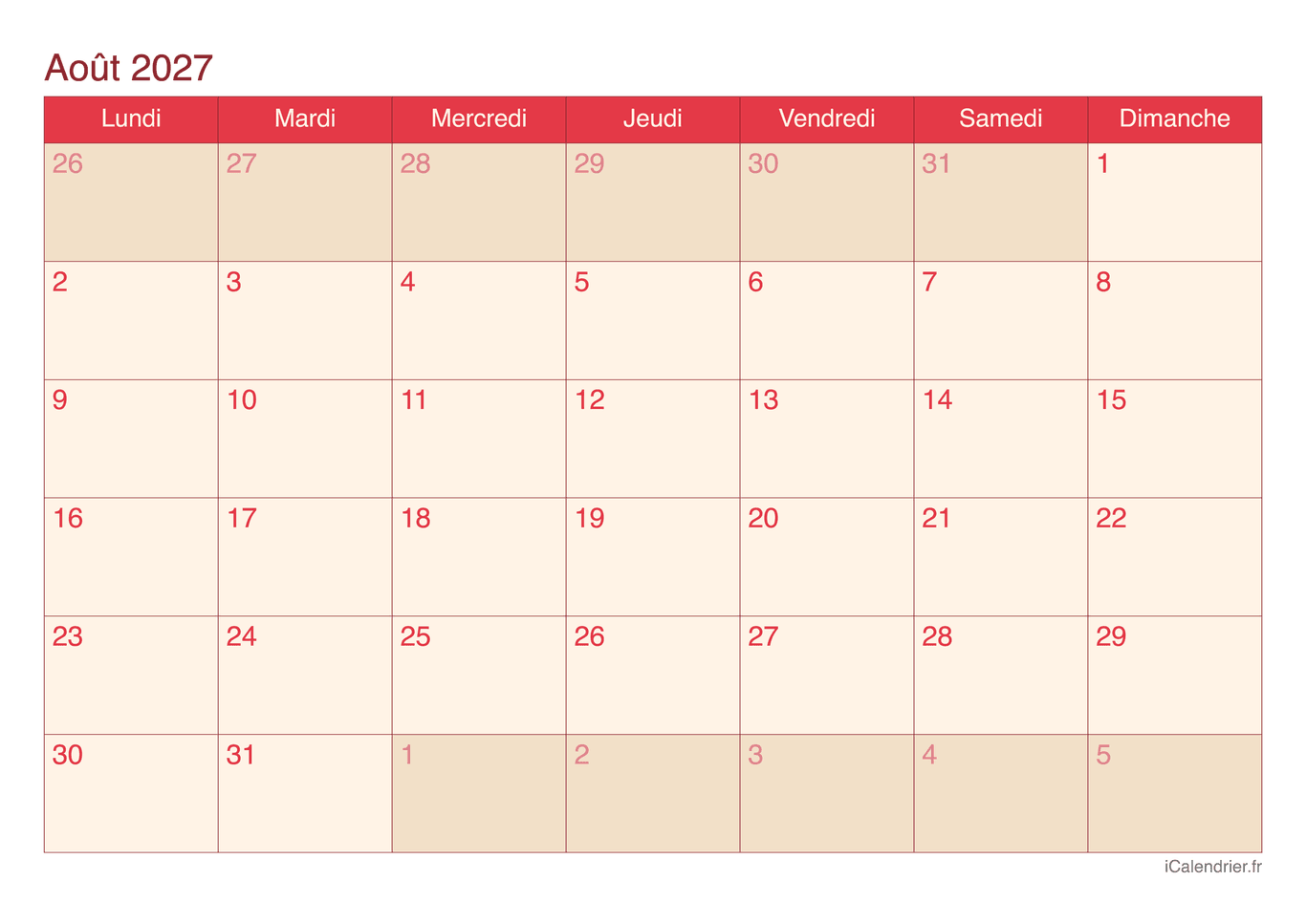 Calendrier d'août 2027 - Cherry